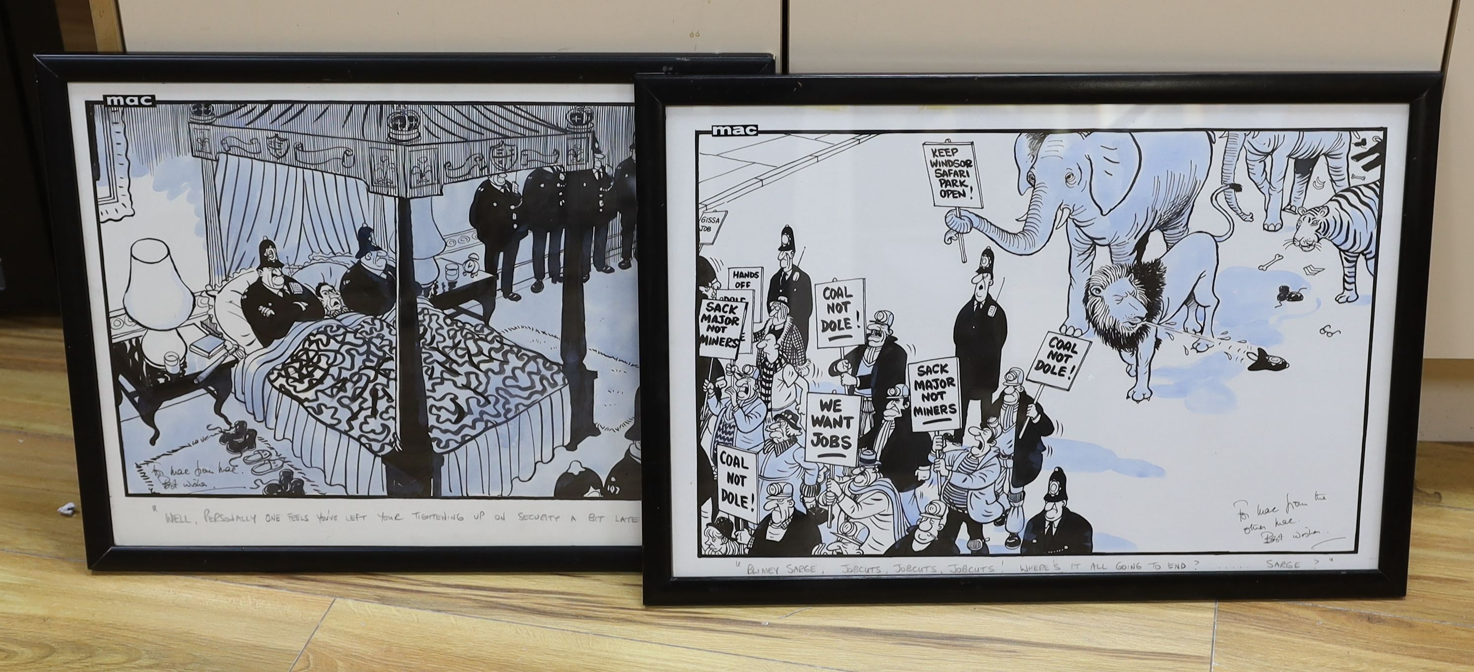 Mac - Stanley McMurtry (1936-), two original ink and watercolour cartoons, 'Job Cuts' and 'Royal Security', both with presentation inscriptions, largest 38 x 56cm